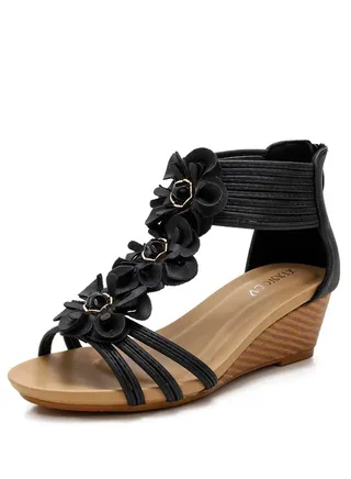 Ethnic Flower Wedge Heel Sandals 5CM Black 