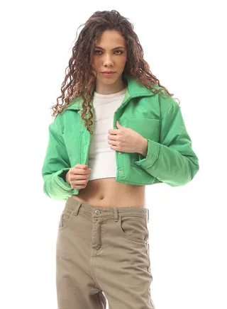 Neon Green Buttoned Mandarin Collar Comfy Jacket 