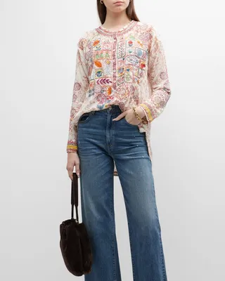 Zinnia Embroidered Floral-Print Silk Tunic