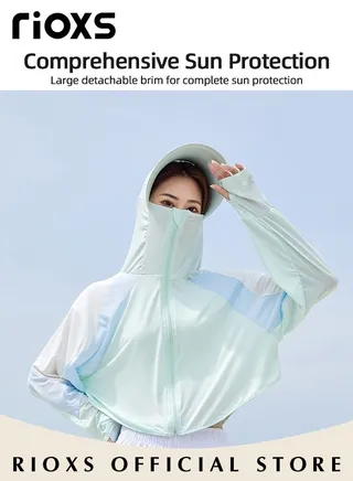 Women's Upf 50+ Uv Sun Protection Ice Silk Clothing Block Color Long Sleeve Breathable Cycling Shirts Lightweight Hoodie Zipper Outdoor Jacket Coat 