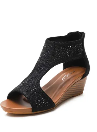 Fairy Wind Back Zipper Wedge Heel Sandals 5CM Black 