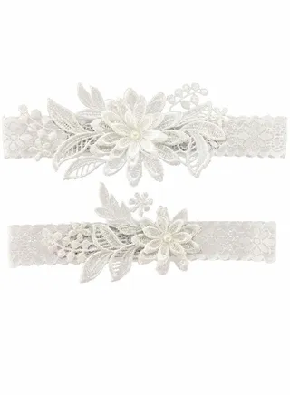 Wedding Garters for Bride, 2 Pcs Daisy Lace Bridal Garter, Adjustable Hand Sewn Faux Pearls Garter Bride Women 