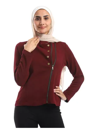 Side Zipper Closure Band Collar Jacket - Burgundy 