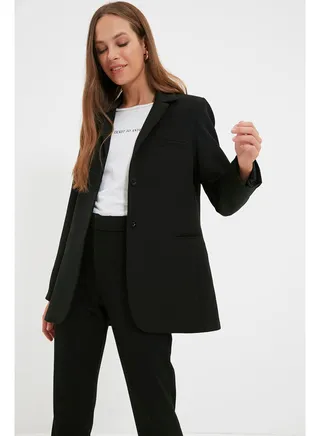 Black Buttoned Blazer Woven Jacket TCTAW22CK0032 
