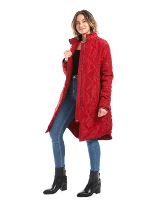 Cherry Red Plain Zipper Waterproof Puffer Jacket_Red 
