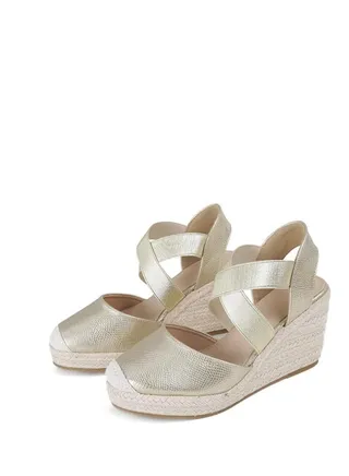 Closed Toe Elastic Strap Espadrille Wedges Gold 