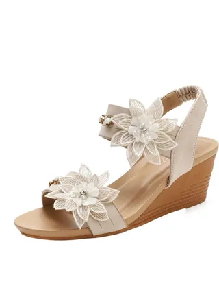 Ethnic Flower Wedge Heel Sandals 5CM Beige 