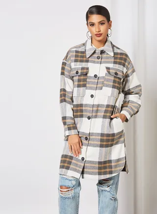 Check Print Longline Shacket Multicolour 