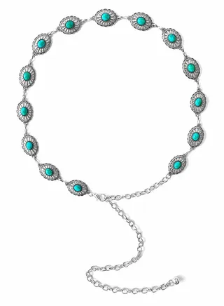 Concho Turquoise Chain Belt, Adjustable Western Metal Waist Cute Women's Country Belt for Jeans or Dresses 