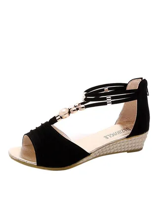 Beaded T-Strap Open Toe Wedges Black 