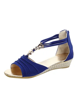 Beaded T-Strap Open Toe Wedges Blue 