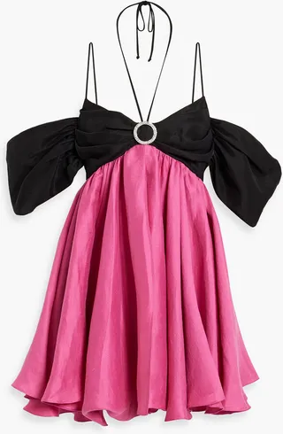 Cold-shoulder embellished two-tone linen-blend mini dress