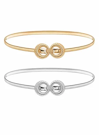 Skinny Stretch Belt for Women 2 Pieces Silver and Gold Waist Belt Thin Cinch Belts Adjustable Interlock Buckle for Dress Jeans Formal Clothing Skirts and Pants 