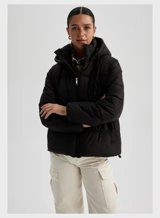 Water-Proof Hooded Faux Leather Puffer Jacket 