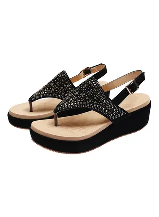 T-strap Wedge Buckle Sandals Black 