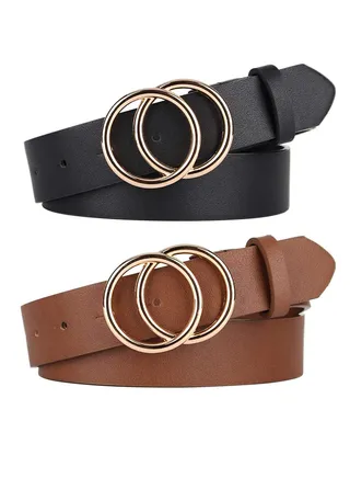 Women Belts for Jeans Dress with Fashion Double O-Ring Buckle and Soft PU Faux Leather Belt(M,2 PCS) 