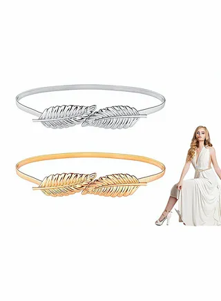 Women Metal Chain Leaves Belt, Skinny Elastic Stretchy Decorative Waistband Adjustable Interlock Buckle for Dress, Jeans, Formal Clothing, Skirts and Pants, 2 Pieces, Silver and Gold 