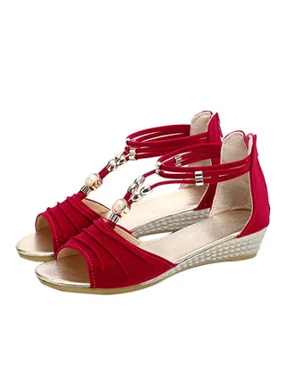 Beaded T-Strap Open Toe Wedges Red 