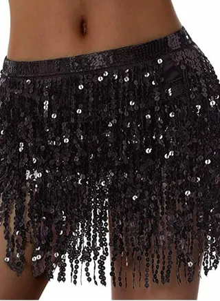 Sequin Fringe Waist Chain Skirt Sparkly Belly Dance Tassel Waist Wrap Belt Skirts Party Rave Costume Black 