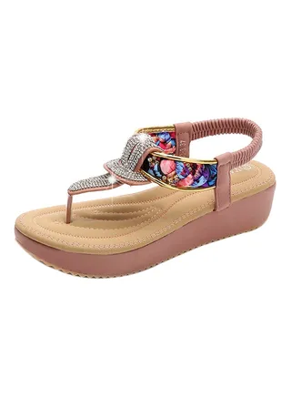 T-strap Wedge Elastic Band Sandals Pink 