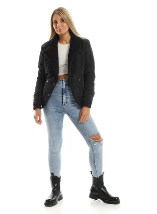 Double Breast Fur Collar Bomber Jacket - Black 