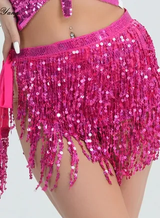 Sequin Fringe Waist Chain Skirt Sparkly Belly Dance Tassel Waist Wrap Belt Skirts Party Rave Costume Rose Pink 
