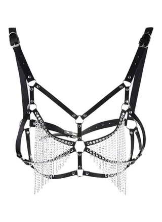 Faux Leather Chest Harness Chain Belt Black/Silver 