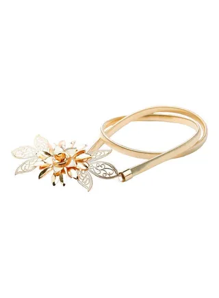 Flower Embellishment Elastic Waist Strap Belt Gold 