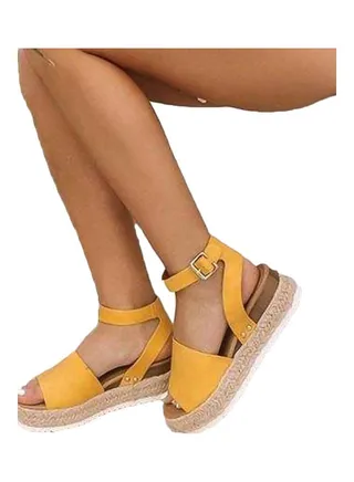 Women Fish Mouth Shape Open Toe Thick Heel Wedge Sandals Yellow 