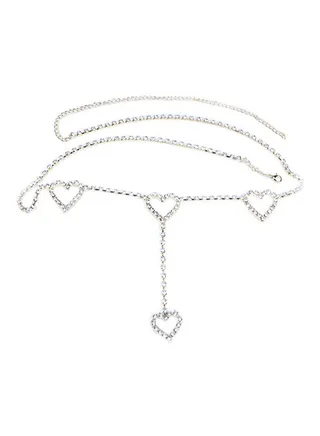Rhinestone Heart Pendant Belly Chain Silver 