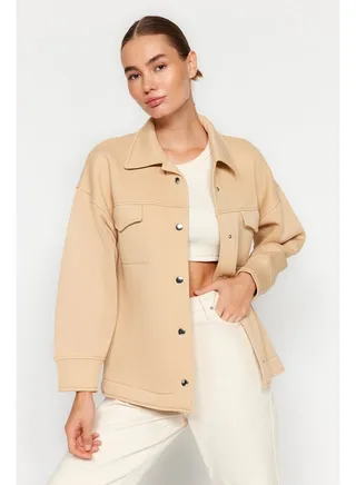 Beige Oversize/Wide Fit Polo Neck with Pockets and Buttons Fleece Inside Knitted Jacket TWOAW24CE00000. 