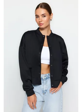 Navy Blue Knitted Scuba Jacket with Pockets and Snap Buttons TWOAW24CE00003 