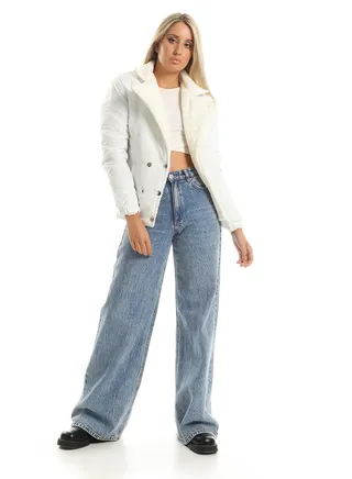 Double Breast Fur Collar Bomber Jacket - White 