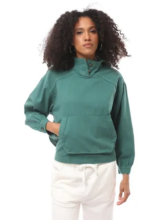 Buttoned Hooded Neck Dark Jade Green Hoodie 