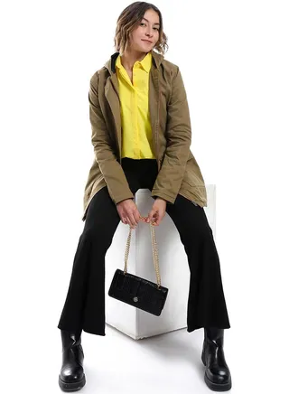 Zipper Closure Padded Balmacaan Jacket _ Khaki Brown 