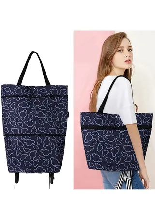 Foldable Shopping Bag with Wheels Reusable Shopping Bags Oxford Cloth Print - Convenient and Stylish Trolley Bag for Shopping and Travel Grocery Bags Trolley Bag on Wheels Large 