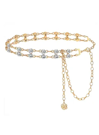 Double Row Rhinestone Crystal Belt for Women, Sparkling Waistband Dresses, O Ring Chain Design, Glamorous Gift, S Size 