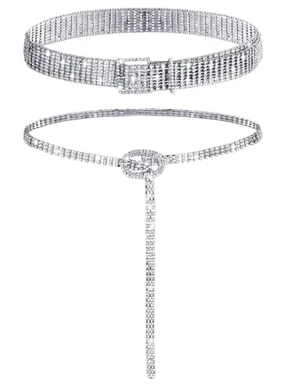 2 Pieces Women Rhinestone Belt for Dress Crystal Diamond Waist Belt Shiny Rhinestone Wide Waist Belt Ladies Belt and Ladies Dress Diamond Chain Belt, Silver,Medium, Fit Waist Size 27 to 34 Inch 