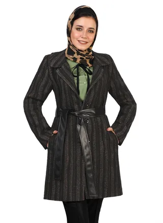 Long Striped Tweed Jacket With Belt - Black 