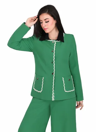 Solid Round Neck Jacket Decorated With Guipure Tape - Green 