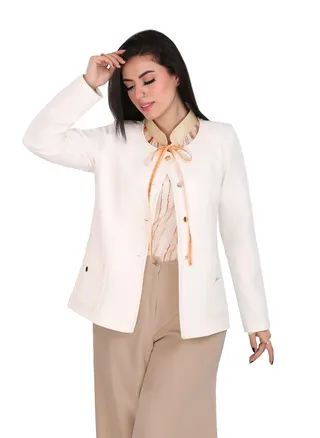 Solid Round Neck Jacket Decorated With Guipure  - Off White 