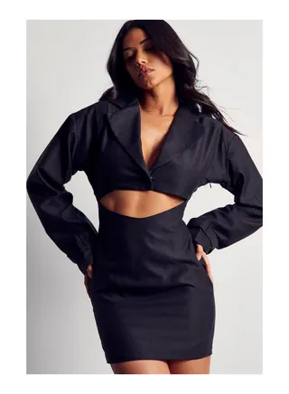 Boxy Shoulder Pad Strap Cuff Blazer Dress 
