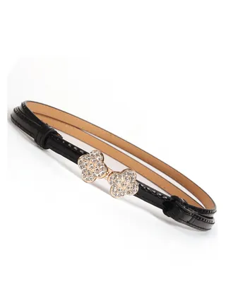 Sweet Rhinestone Flower Button Adjustable Waist Belt With Dress Shirt All Match Decoration Black 