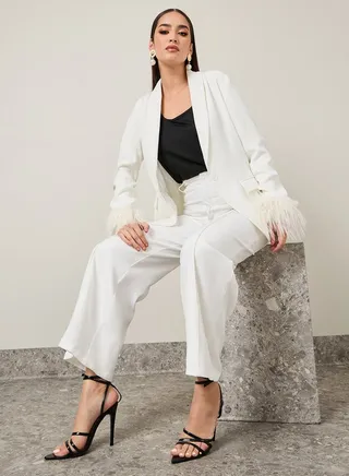 Regular Fit Longline Faux Fur Trim Blazer 