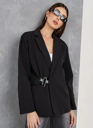 Solid Notch Lapel Blazer with Hook Closure 