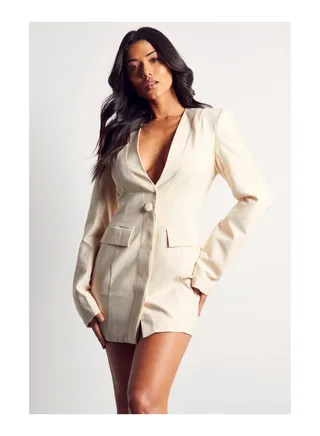 Tailored Collarless Plunge Blazer Dress 
