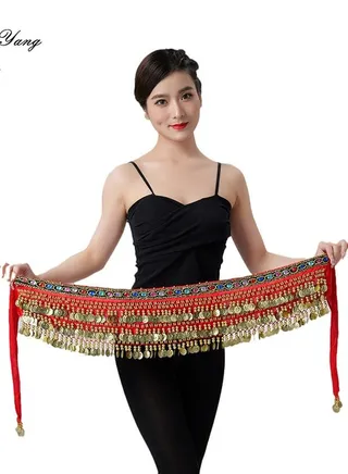 Coins Pendant Diamond Waist Chain Skirt Belly Dance Tassel Waist Wrap Belt Skirts Party Rave Costume Red 