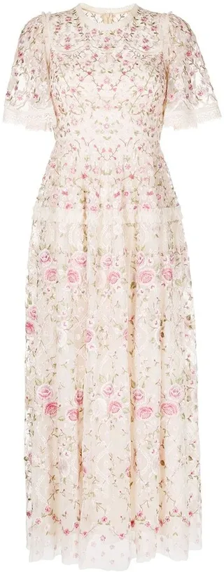 Floral-Embroidered Midi Dress