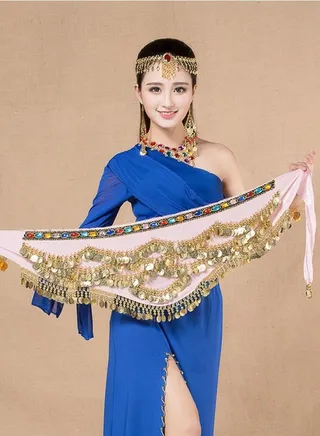 Coins Pendant Diamond Waist Chain Skirt Belly Dance Waist Wrap Belt Skirts Party Rave Costume Light Pink 