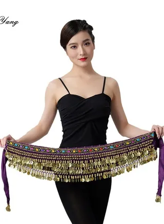 Coins Pendant Diamond Waist Chain Skirt Belly Dance Tassel Waist Wrap Belt Skirts Party Rave Costume Purple 